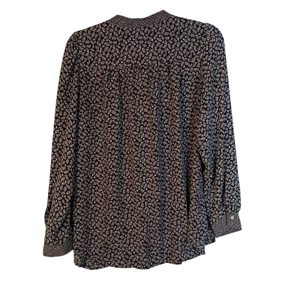 LOFT Floral Blouse S Black White Long Sleeve Mandarin Collar Hidden Btn - Picture 5 of 5
